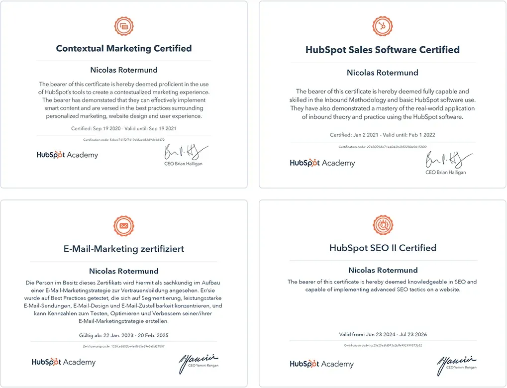HubSpot Zertifikate Nicolas Rotermund für die kurs mediasystems GmbH