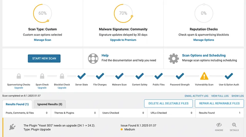 WordPress Schutz: WordFence Scan